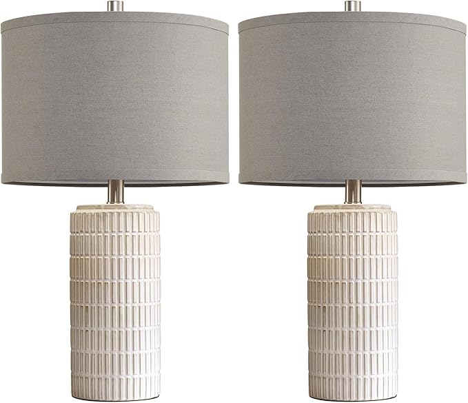 23" Set of 2 Ceramic Table Lamps, Farmhouse Bedside Lamp for Bedroom Living Room Nightstand Entryway, Side Table Lamps Modern Desk Lamp, 2 LED Bulbs Included (Gray) - Bloomnest