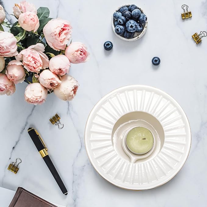 Ceramic Teapot Warmer, Gold Rim Teapot Heater with Candle Holder, White Porcelain Tea Kettle Holder Warming Base for Heating Coffee, Milk, Water, Soup