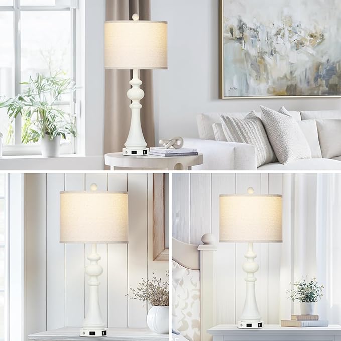 28" Farmhouse Table Lamp with USB A+C Fast Ports & AC Outlets, Vintage Rustic 3-Way Dimmable Touch Control Table Lamp, Rustic Traditional Bedside Nightstand Lamp for Living Room Bedroom White - Bloomnest