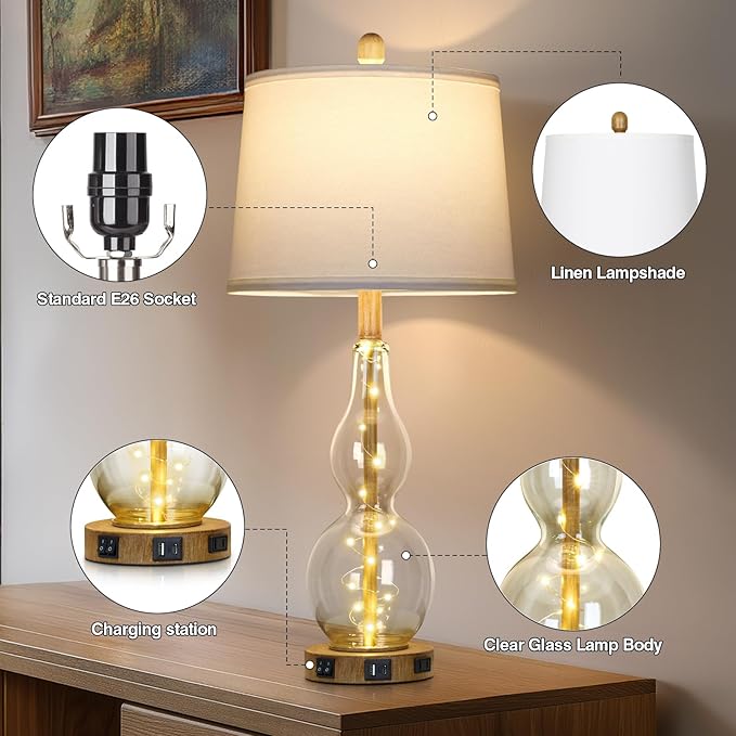 27.5" Clear Glass Table Lamp Set of 2 with Night Light,Bedside Lamps with USB Ports and AC Outlet, Modern Nightstand Lamps Retro Farmhouse lamp for Bedroom Living Room - Bloomnest