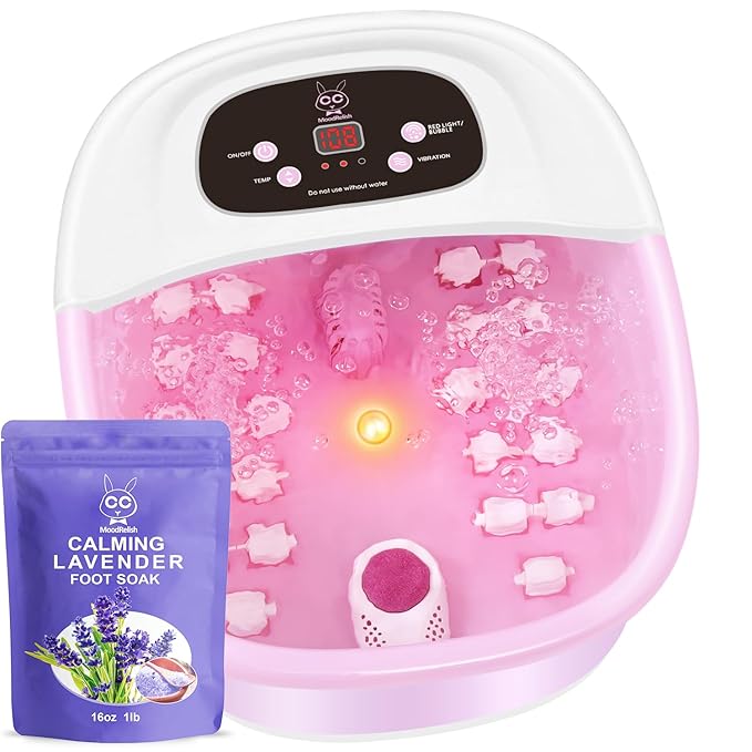 Foot Spa Bath Massager with Heat Bubbles and Vibration Massage and Jets, 16 OZ Calming Lavender Foot Soak Epsom Salt, Foot Soaker with Red Light, 22 Massage Rollers, Adjustable Temp - Pink - Bloomnest
