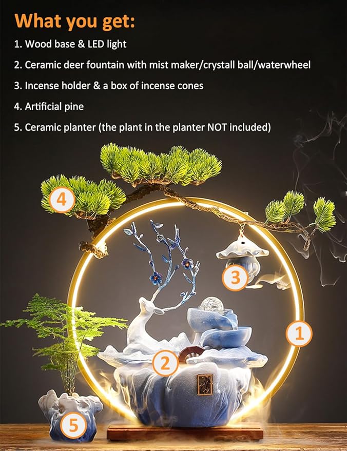 Deer Tabletop Water Fountain with LED Light Mist, Home Decor Includes Backflow Incense,Japanese Water Fountains for Meditation,Indoor Zen Decor for Office,Living Room or Bedroom (Blue)