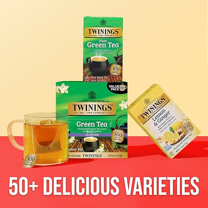 Twinings Green Tea with Jasmine Individually Wrapped Bags, 100 Count (Pack of 1), Fragrant Floral Scent, Caffeinated, Enjoy Hot or Iced, 100 Teabags