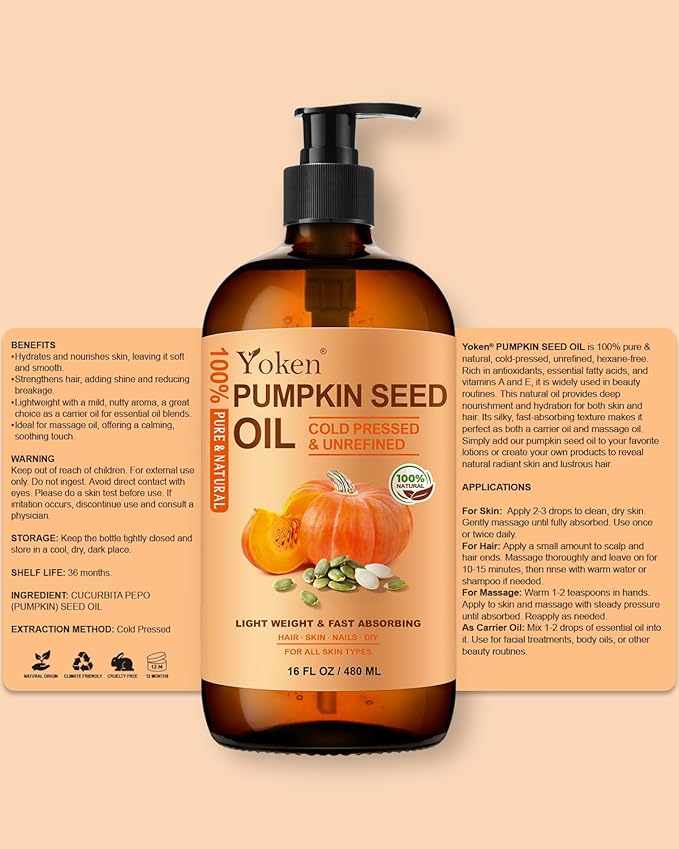 Cold-Pressed Pumpkin Seed Oil for Hair, Glass Bottle, 100% Pure & Natural Carrier, Massage Oils, Unrefined, 16 Fl Oz with Pump, Pumpkin Oil for Skin, Face, Nails, Body Moisturizer, Hexane-Free - Bloomnest