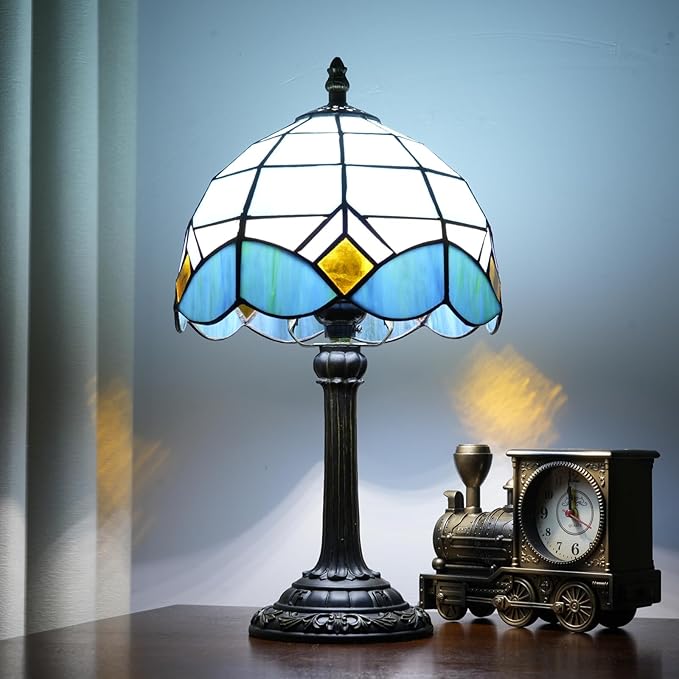 Sky Blue and White Lamp Small Tiffany Lamps Bedside Nightstand for Bedroom Dector Light Stained Glass Table Lamp Living Room Kitchen Night Lamp Farmhouse Cute 8 Inch Aesthetic Mediterranean Desk Lamps - Bloomnest