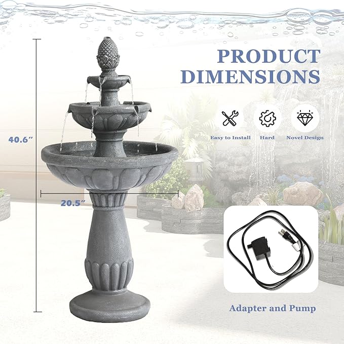 Grepatio Italian Outdoor Water Fountain, 3 Tiers Bubbler Garden Waterfalls Fountains, 40.6" H Tall Roman Pillar Floor Water Fountain for Indoor, Yard, Lawn and Garden Décor - Bloomnest