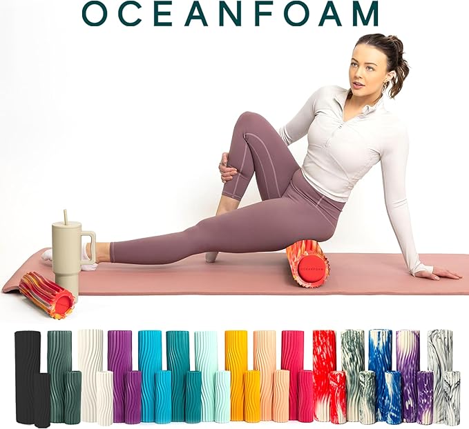 Oceanfoam Ripple Travel Foam Roller (11" x 3.35") Firm Mini Foam Roller for Physical Therapy, Deep Tissue Massage, Back Pain - High Density, Wave Textured, Yoga, Exercise (Red, Gold & Natural Marbled) - Bloomnest