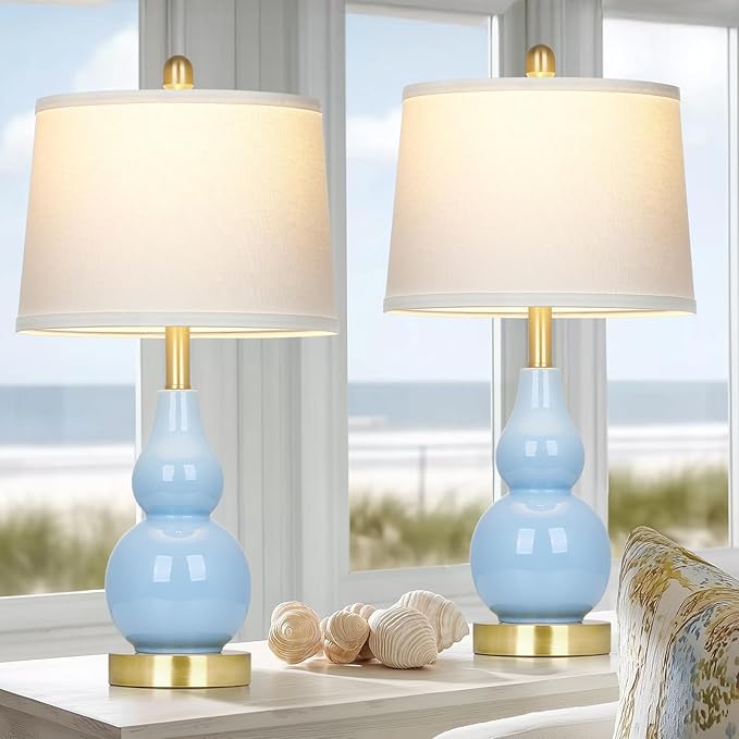 25" Modern Ceramic Table Lamps Set of 2, Blue Double Gourd Ceramic Lamps for Living Room, Coastal Farmhouse Rustic Bedside Nightstand Nautical Lamps for Bedrooms Home Office Dorm(2 LED Bulbs Included) - Bloomnest