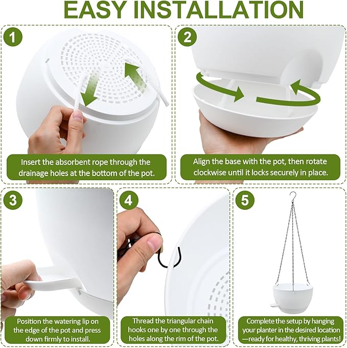WOUSIWER Self Watering Hanging Planters, 2 Pack 10'' Plastic Pots with Drainage Holes & Reservoir Tray (White) | Indoor & Outdoor Use for Ferns, Ivy, Herbs, Succulents - Bloomnest