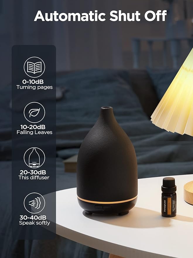 InnoGear Oil Diffuser, 150ML Ceramic Diffuser for Essential Oils Handcrafted Aromatherapy Diffuser Ultrasonic Cool Mist Humidifier with 2 Mist Modes Waterless Auto Off for Room Office, Black - Bloomnest