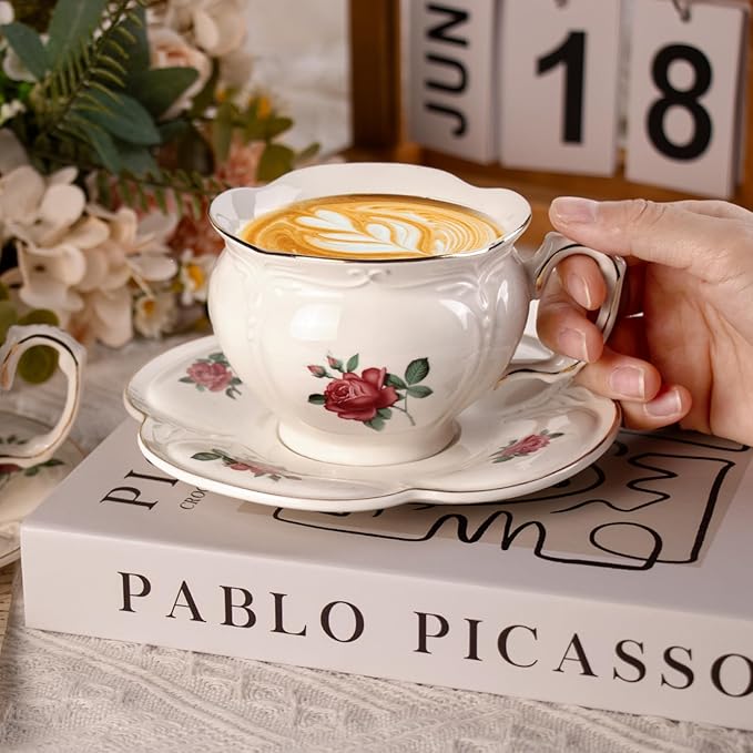 KAMMAK Tea Cups and Saucers Set of 2, Porcelain Coffee Cups, 6.8-Ounce Stackable Espresso Mugs, Ceramic Demitasse for Coffee, Latte, Americano, Tea, Baroque Rose - Bloomnest