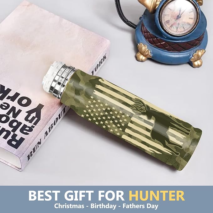 Deer American Flag Camouflage 17oz Stainless Steel Bullet Tumbler - Deer Hunting Gifts for Men - Unique Birthday Fathers day or Christmas Gifts for Hunters - Bloomnest