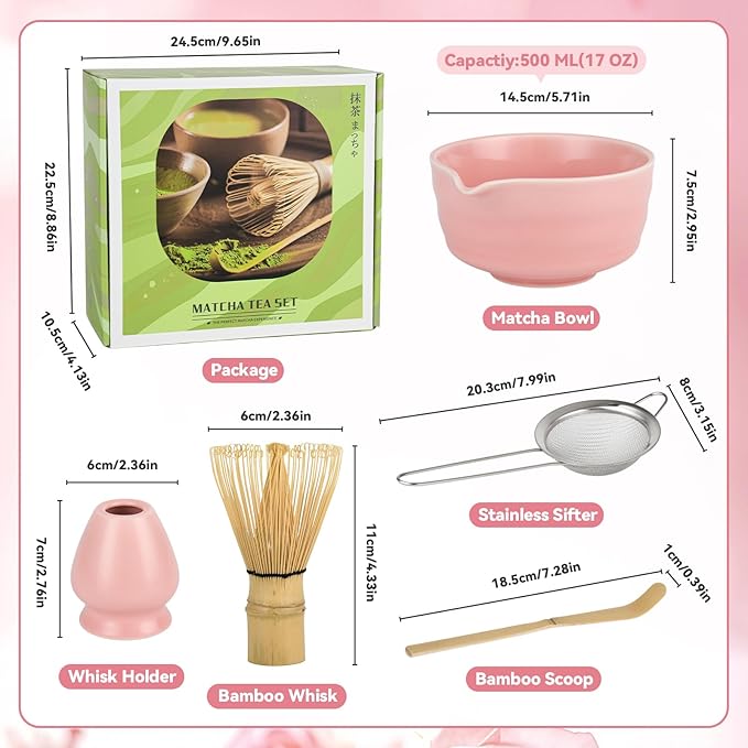 Pink Matcha Whisk Set - Ceramic Matcha Making Kit with Bamboo Whisk, Scoop, Bowl, Ceramic Holder & Sifter –5 PCS Handcrafted Elegant Japanese Tea Ceremony Tools Gift for Matcha Lovers - Bloomnest