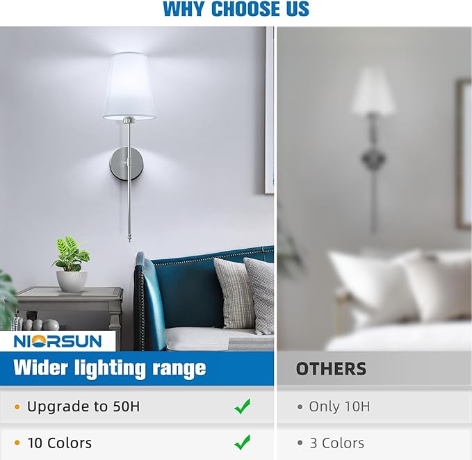 NIORSUN 25.4 inch Brushed Nickel Battery Operated Wall Sconce Set of 2,Rechargeable Wall Lights with Dimmable Detachable Bulbs and Remote,9 Colors Wireless Sconces for Bedroom Living Room Hallway - Bloomnest