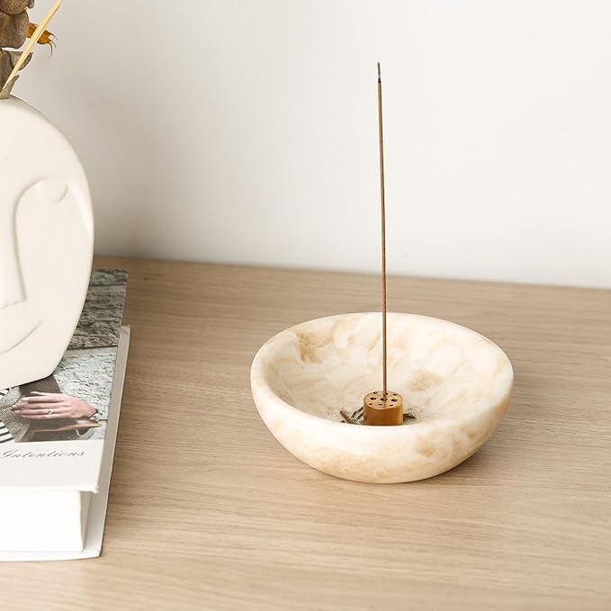 Koville Natural Marble Incense Holder, Incense Holder for Sticks with 9 Holes, Handmade Incense Burner Ash Catcher for Meditation Yoga SPA, Suit for Palo Santo/Sage/Cone(Ivory) - Bloomnest
