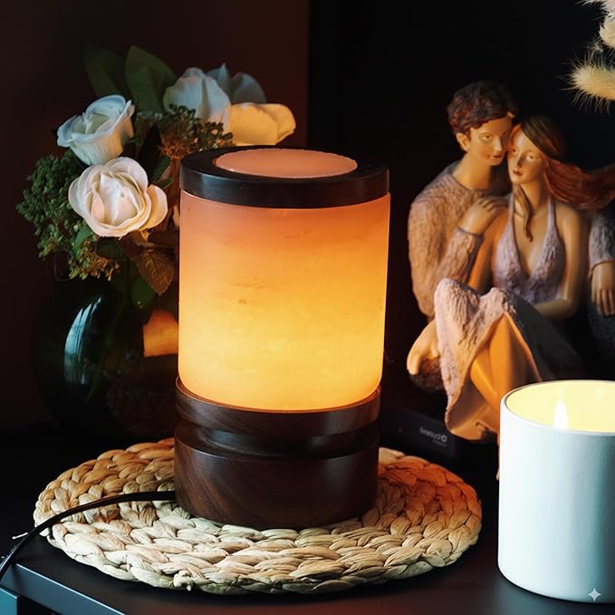 POHS Himalayan Pink Salt Round Lamp with Premium Brown Polished Wooden Base, 60'' Long Dimmer Switch Cord and Two Light Bulbs; Hand Crafted,for Home, Office and Gift for Christmas