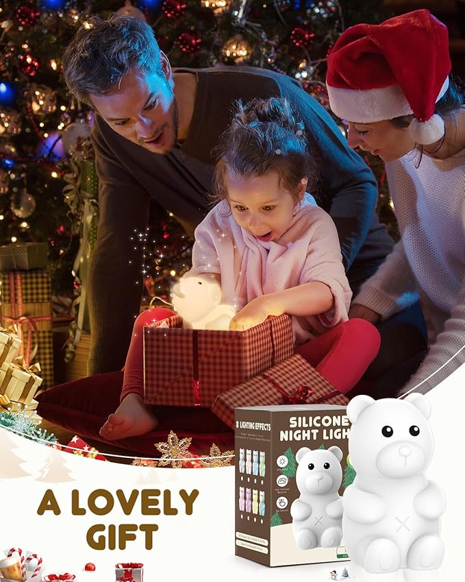 Night Light for Kids, Rechargeable Dimmable Silicone LED Nightlight with 7 Colors, Baby Nursery Night Lamp, Touch Squishy Lamp, Cute Gifts for Girls, Boys, Toddler Room Decor, Bear - Bloomnest