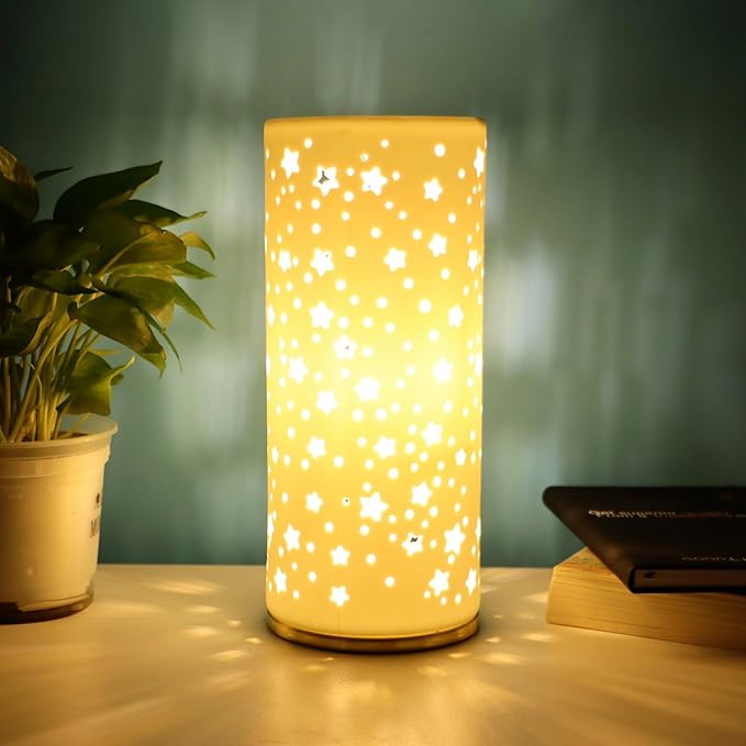 Small Modern Ceramics Bedside Table Lamp, 4.5 x 4.5 x 11 Inch White Starlight Style Nightstand Lamps, Side Table Lamps for Bedroom Living Room Entryway Table Light - Bloomnest