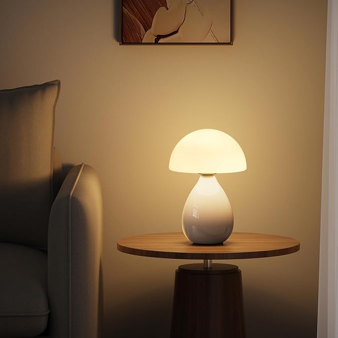 Mushroom Lamp Small Vintage Table Light, Mini Modern Lamp Bedside Nightstand LED, Small Light Dimmable for Bedroom, Living Room, Ceramic Base Glass Led Home Decor for Woman Gifts - Bloomnest