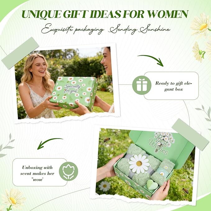 Birthday Gifts for Women, Self Care Spa Gift Baskets Valentines Day Gifts for Her Mom Girlfriend Sister Best Friend, Green Daisy Theme Gift Box Set with Blanket, Candle