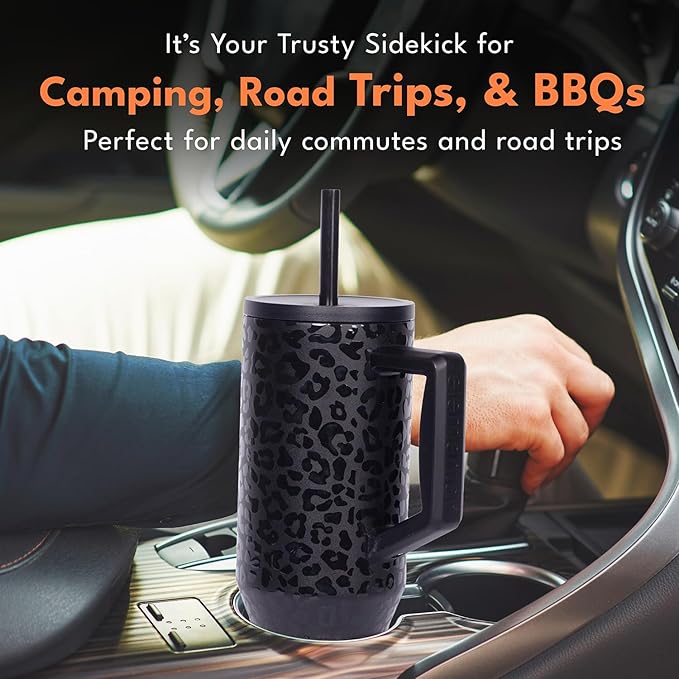 Elemental 40 oz Tumbler with Handle and Straw - Spill Proof Insulated Stainless Steel Commuter for Hot and Cold Beverages - Travel Coffee Mug with 2 Straws & Spill Proof Lid - 40oz - Black Leopard - Bloomnest
