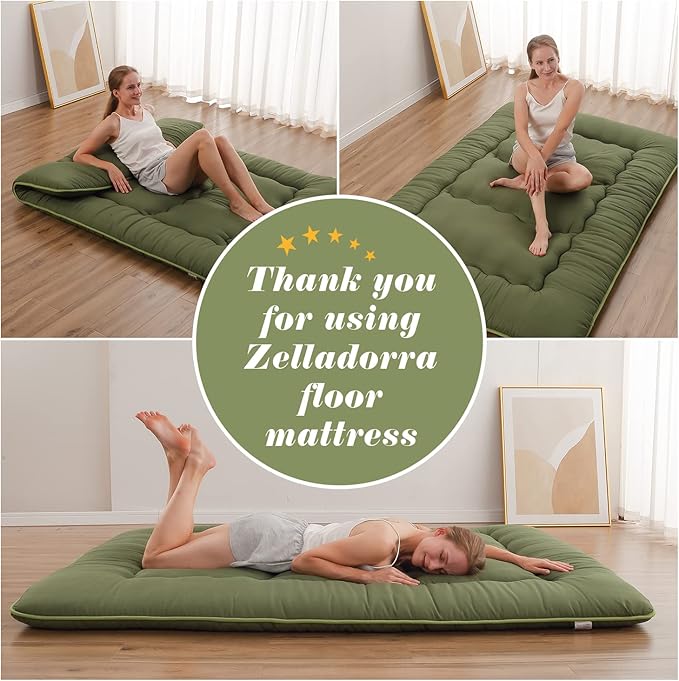 Japanese Floor Mattress, Futon Mattress with Portable Storage Bag and Washable Cover, Roll Up Thick Tatami Mat Suitable for Camping, Guest Room, Green, Queen - Bloomnest