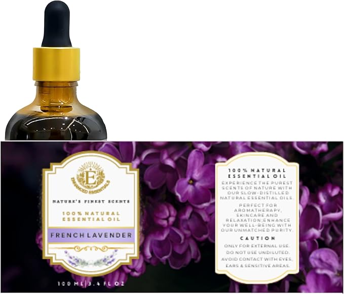 Luxurious French Lavender Essential Oil by Enhanced Essentials|with Glass Dropper|Slow Distilled & Pure| for Home,Diffusers,Skin Care,Aromatherapy,Massage,Soap & Candle Making|3.38 fl oz (100 ml) EnhancedEssentials