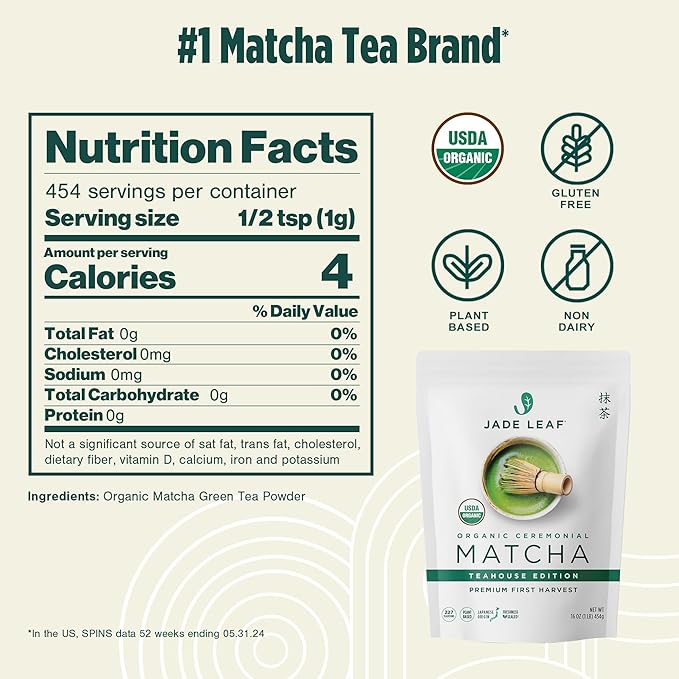 Jade Leaf Matcha Organic Premium Ceremonial Grade Matcha Green Tea Powder - Japanese - Culinary, Ingredient, Ceremonial Barista Teahouse, Latte, Collagen, 16 Ounce (Pack of 1), Ceremonial Teahouse - Bloomnest