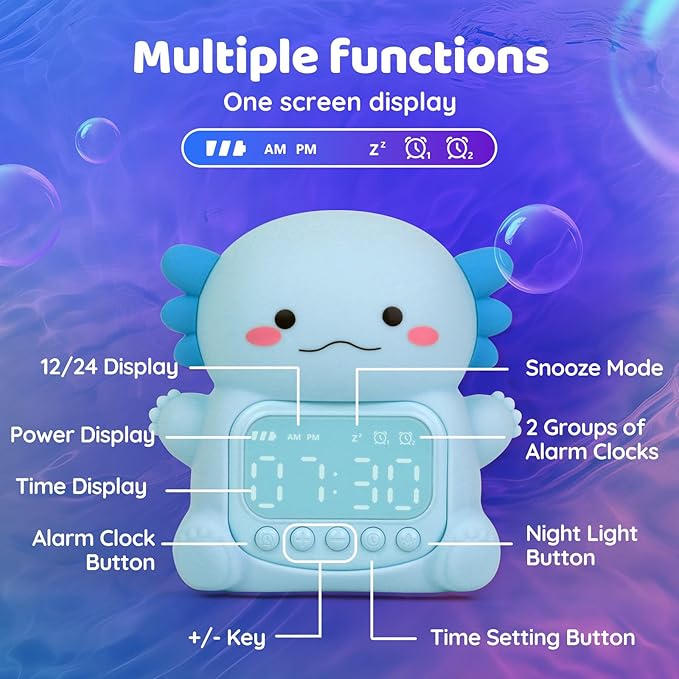 Axolotl Alarm Clock with Night Light for Kids, Rechargeable Silicone Lamp Time to Wake Clock Cute Animal Tabletop Lamp, Perfect Sleep Companion for Boys Girls, Blue - Bloomnest