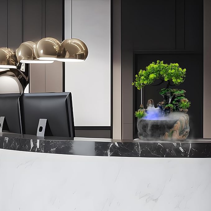 Waterfall Fountain Indoor Mini Rockery Waterfall with Led Lights & Atomizer Indoor Fountains and Waterfalls Table Top Water Fountain for Office, Home, Bedroom Desk Decor