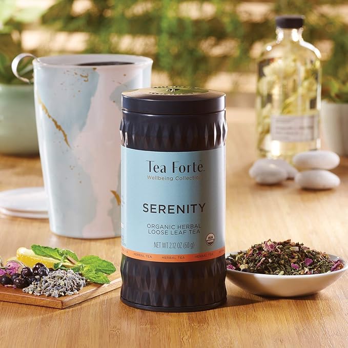 Tea Forte Serenity Premium Organic Loose Leaf Caffeine-Free Herbal Tea Blend Canister, Makes 35-50 Cups - Bloomnest