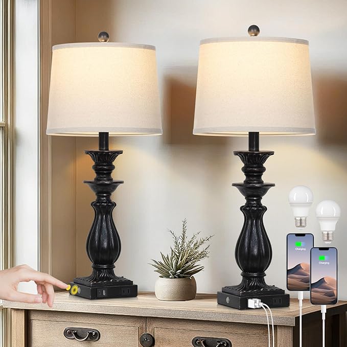 28" Farmhouse Table Lamps Set of 2 for Living Room, 3 Way Dimmable Bedside Lamp with USB C+A Ports & AC Outlet, Resin Vintage Tall Nightstand Lamps for Bedroom Office Hallway, Black - Bloomnest