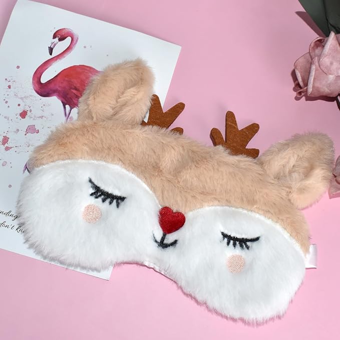 Christmas Reindeer Sleeping Mask Eye Mask Cute Animal Rudolph Sleep Mask Soft Plush Blindfold Funny Eye Cover Eyeshade for Kids Adults Girls Boys Women Men (Reindeer, White) - Bloomnest