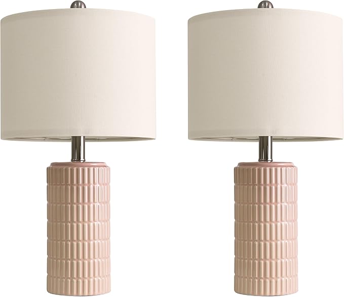 PoKat 20.75" Pink Ceramic Table Lamps Set of 2, Small Modern Bedroom Lamps for Girls Room, Bedside Lamps for Night Stands, Cute Lamps for Living Room Decor, Nightstands Desk Lamp, Light Pink - Bloomnest