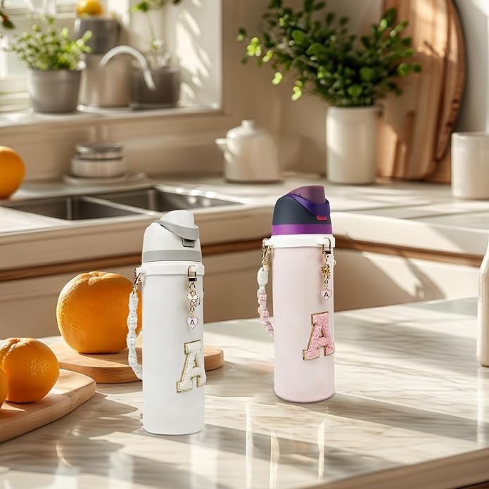Compatible with Owala Water Bottle Accessories, Cute Letter Charm Set with Boho Handle Strap, Monogram Sticker, Silicone Ring, Keychain Decoration, for FreeSip 24 32 40oz, Owala Kids, Tumbler Gift SITKOL