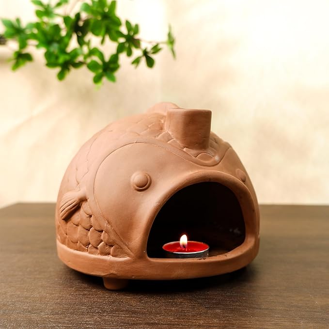 Large Fish-Shaped Terracotta Palo Santo Holder - Cone Burner for Sage,Chiminea Incense Dish with Chimney,Ideal for Meditation, Zen, Yoga, Spa & Wellness | Anxiety & Stress Relief Items MOUGIGI
