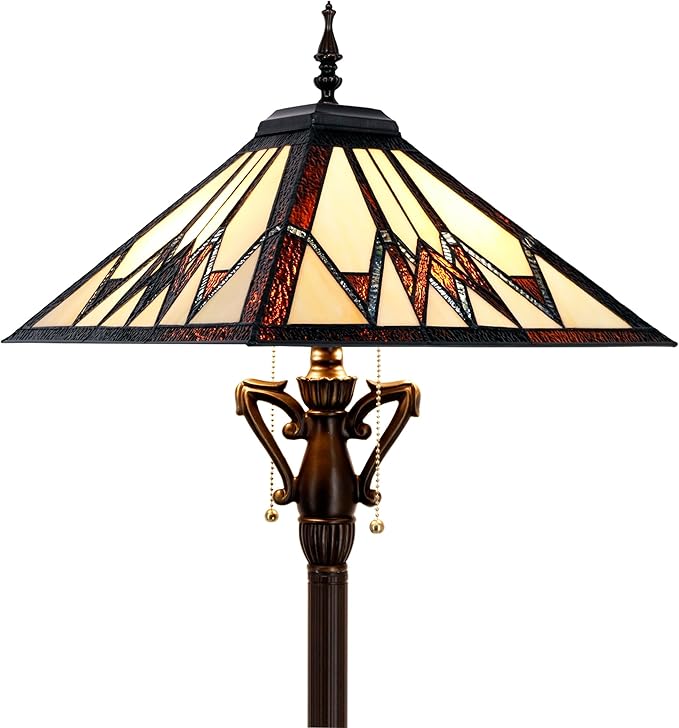Tiffany Floor Lamp Cream Amber Mission Style Stained Glass Standing Reading Light 16X16X64 Inch - Bloomnest