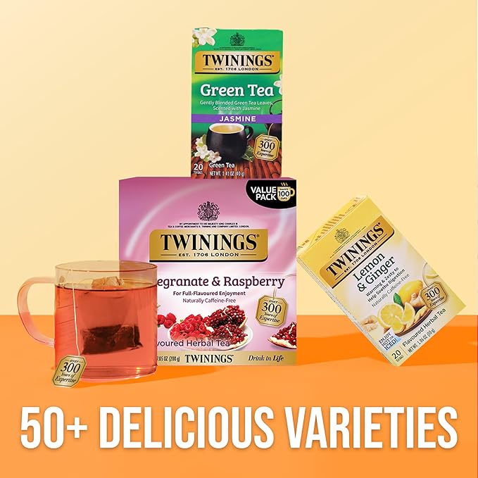 Twinings Pomegranate & Raspberry Herbal Tea Individually Wrapped Bags, 100 Count (Pack of 1), Naturally Caffeine-Free, Enjoy Hot or Iced, 100 Teabags