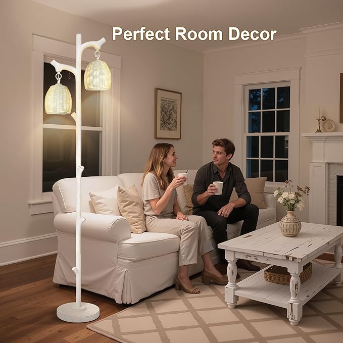 Scenekoy Rustic 68” Tall Floor Lamp with Rattan Shade, Retro Standing Lamp Tree Trunk Washed White Finish & Resin Body, Dimmable Corner Lamp with Bulb Prefer for Living Room Bedroom Home Decor - Bloomnest