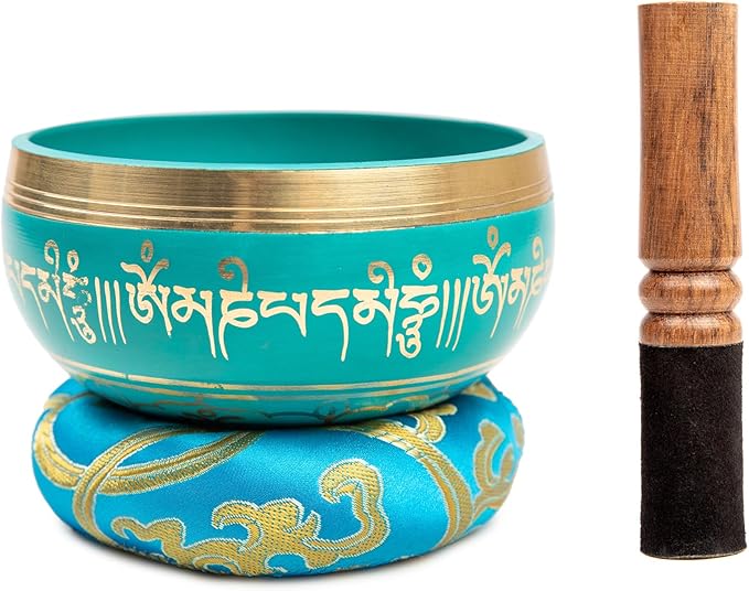 Tibetan Singing Bowl Set - 4" Easy To Play Authentic Handmade For Meditation Sound 7 Chakra Healing By HIMALAYAN BAZAAR (Turquoise Blue, 4") - Bloomnest