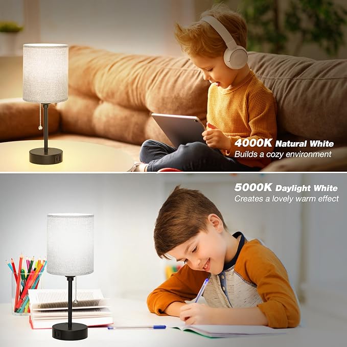 Grey Nightstand Lamps 3 Color Temperatures - 3000K 4000K 5000K Bedside Lamps with USB C and A Ports, Pull Chain Table Lamps with AC Outlet, Small Lamps with Black Metal Base for Sleeping Reading - Bloomnest