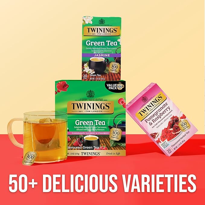 Twinings Green Tea with Pomegranate, Raspberry, & Strawberry Individually Wrapped Bags, 100 Count (Pack of 1), Caffeinated, Enjoy Hot or Iced, 100 Teabags
