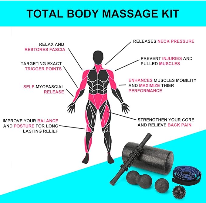 Foam Roller Set - High Density Back Roller, Muscle Roller Stick,2 Foot Fasciitis Ball, Stretching Strap, Massager Ball for Whole Body Physical Therapy & Exercise, Yoga, Back Pain, Leg, Deep Tissue - Bloomnest
