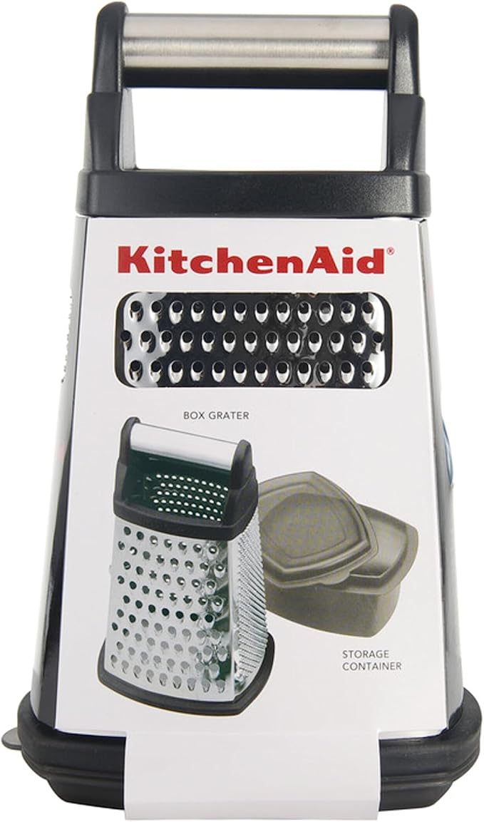 KitchenAid Gourmet 4-Sided Stainless Steel Box Grater for Fine, Medium and Coarse Grate, and Slicing, Detachable 3 Cup Storage Container and Measurment Markings, Dishwasher Safe, 10 inches tall, Black - Bloomnest