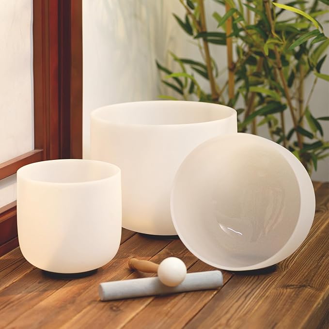 KVKA Set of 3pcs Chakra Frosted Quartz Crystal Singing Bowl 6-10 inch with case (10''F 8''G 6''B)