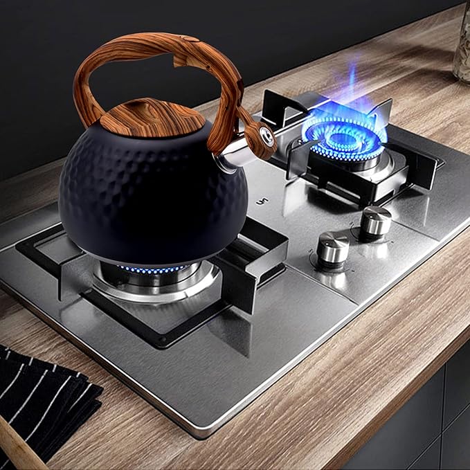 GGC Tea Kettle for Stove Top, Loud Whistling Kettle for Boiling Water Coffee or Milk, 3.1 Quart 3L Heavy Stainless Steel Black Kettle with Wood Pattern Handle, Unique Button Control Kettle Outlet - Bloomnest