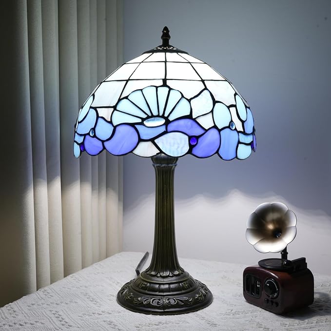 Blue Sea Style Stained Glass Table Lamps Shell Tiffany Lamp Bedroom Bedside Living Room Aesthetic Vintage Accent Farmhouse Night Light for End Table Office Nightstand End Table Desk Reding 12X19 Inch - Bloomnest