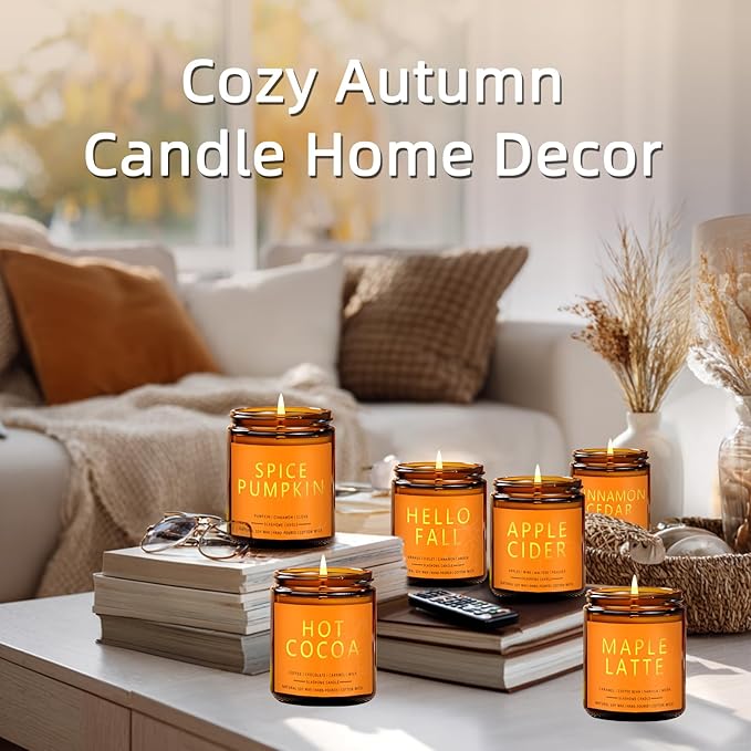 Fall Candles, Scented Soy Candles Set - 7Oz * 6 Pack, Holiday/Birthday/Christmas Gifts for Women & Men, Autumn Scents of Hello Fall/Spice Pumpkin/Apple Cider/Hot CocoaCinnamon & Cedar/Maple Latte - Bloomnest