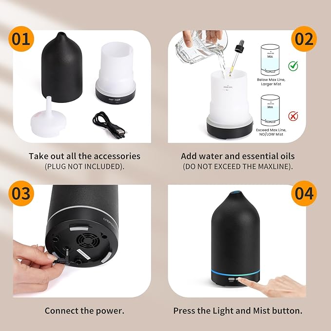 URPOWER 120ML Essential Oil Diffuser, Ultrasonic Aromatherapy Diffuser with Sleek Black Ceramic Design, 7-Color LED Lights, Auto Shut-Off, Humidifier for Home & Office, Scent Diffuser for Relaxation - Bloomnest