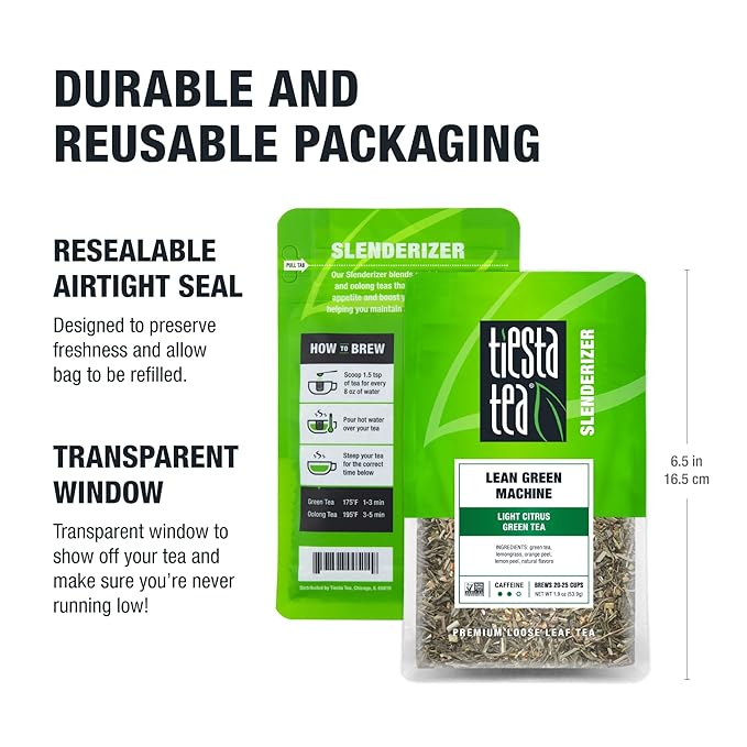 Tiesta Tea - Lean Green Machine, Loose Leaf, Light Citrus Green, Premium Blend, Medium Caffeinated, 25 Cups, 1.9 Ounce Resealable Pouch - Bloomnest